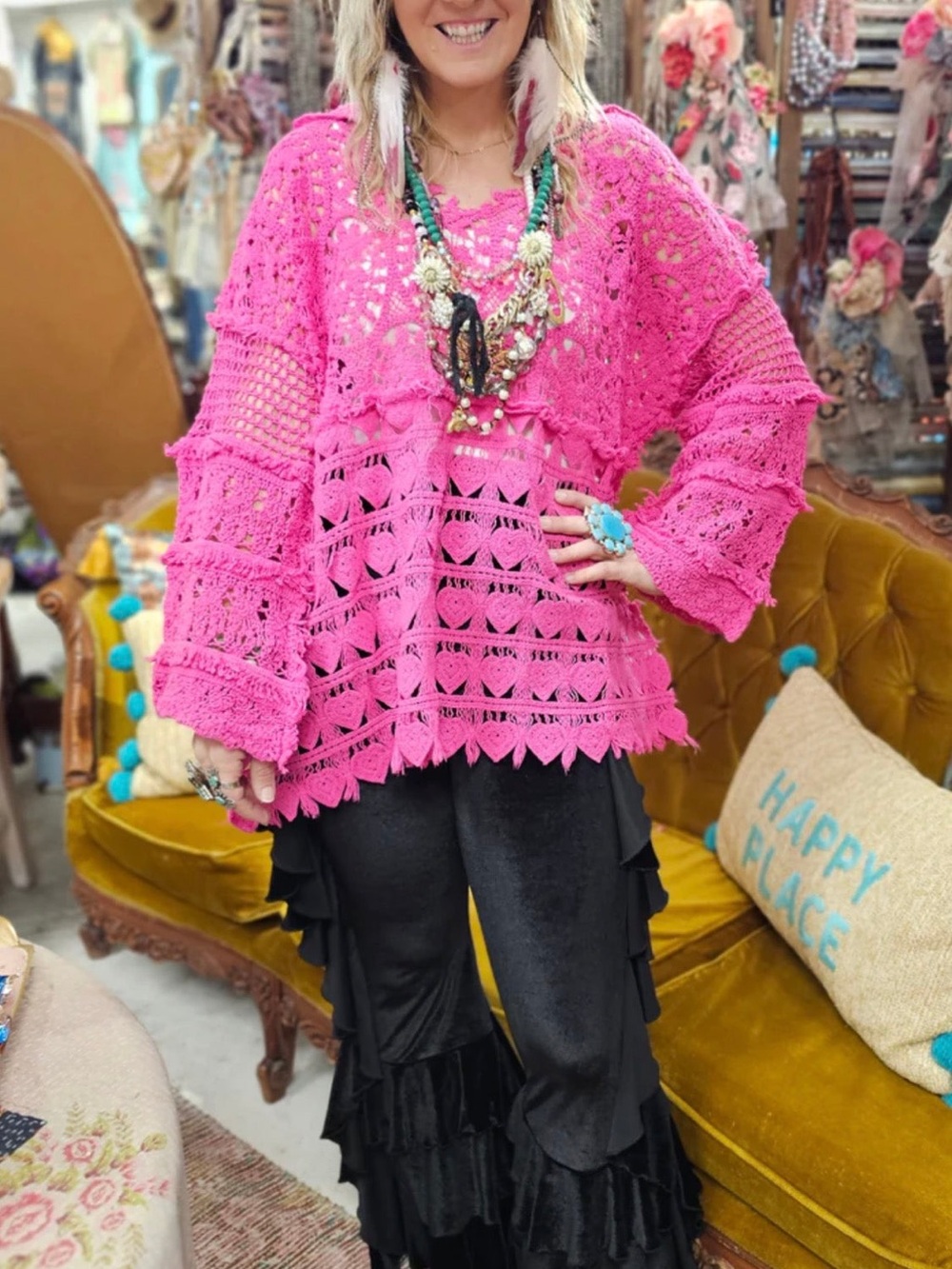 A Rare Bird Hand Crochet Magenta Heart Shirt